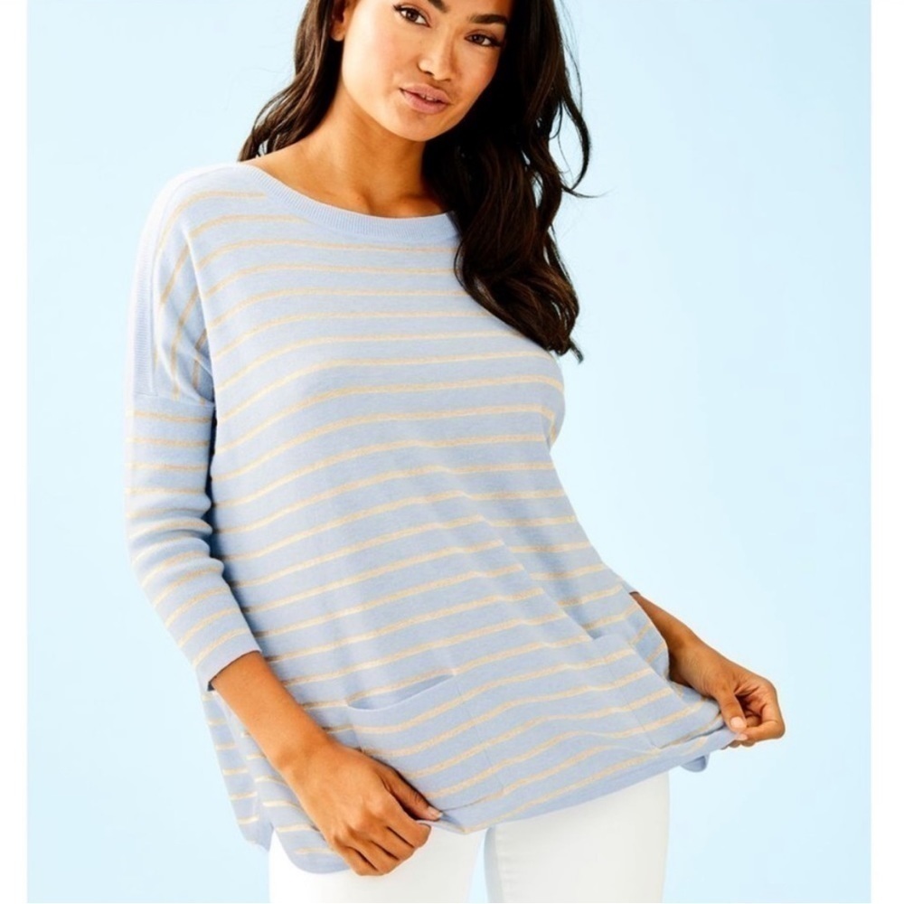 Lilly Pulitzer Cobo Heather Cool Blue Coastal Shell Stripe Sweater Extra Small